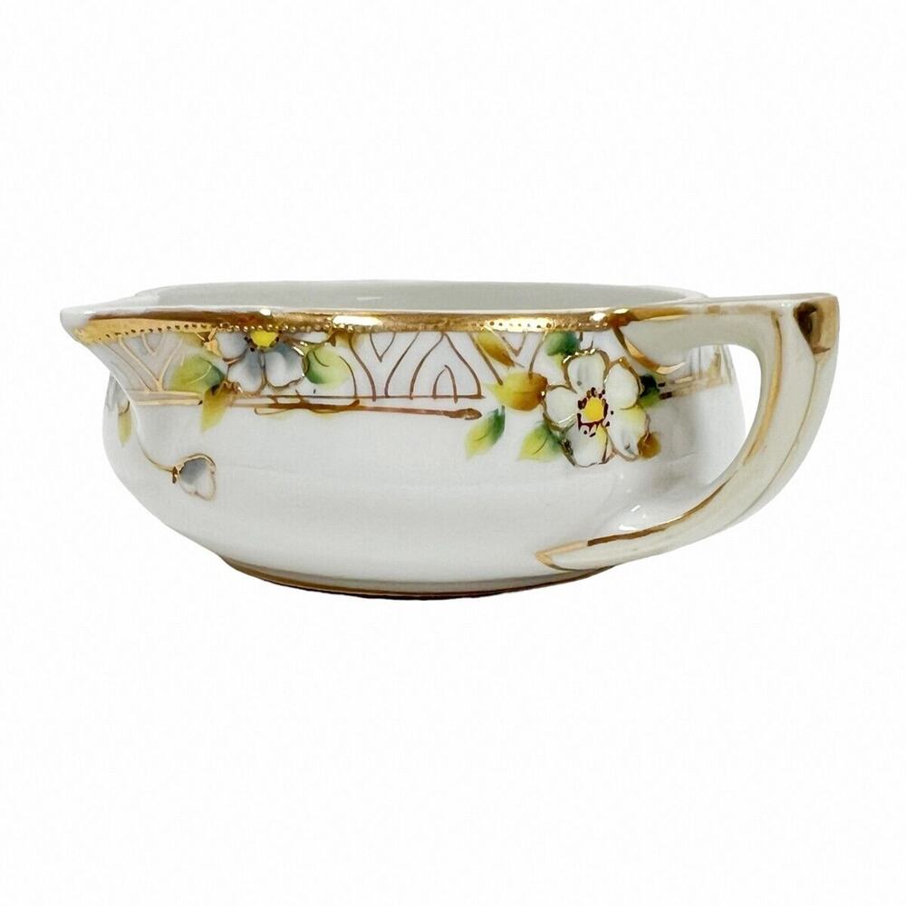 Vintage Noritake Nippon Bowl Spout Handle Hand Painted Floral M Wreath Gold Trim